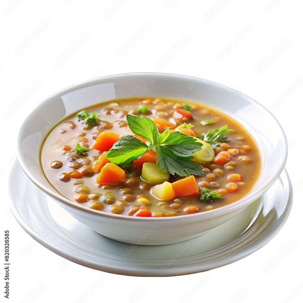 Lentil soup with carrots and celery on white plate Isolated on transparent background Lentil soup with carrots and celery on white plate Isolated on transparent background