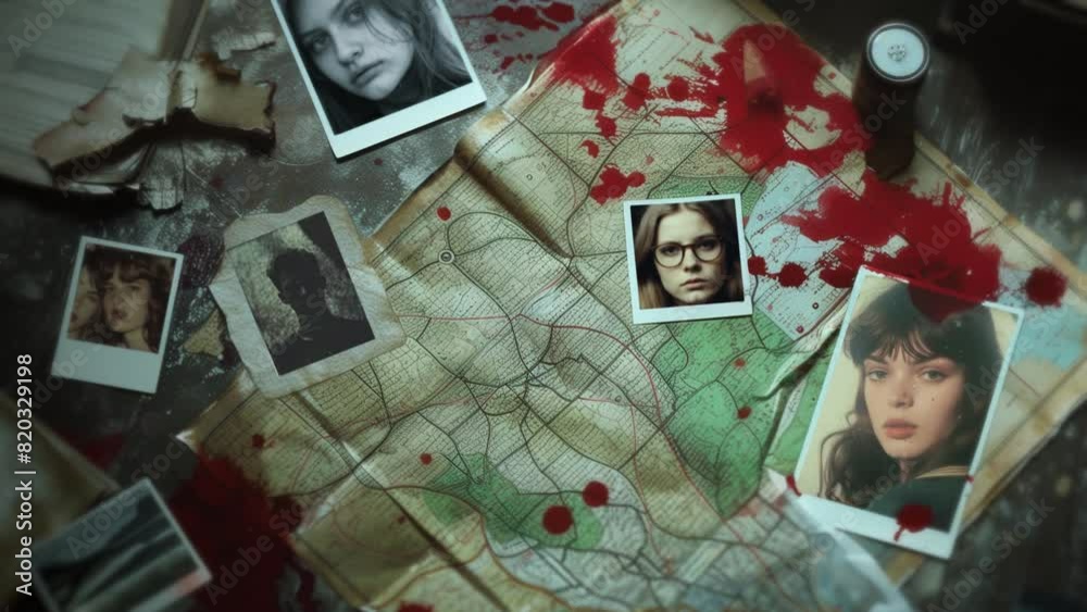 Disordered desk with photographs of girls, bloodstained blueprints, a knife, and other elements of a serial killer for the background of a true crime scene. Retro vintage style for an intro animation