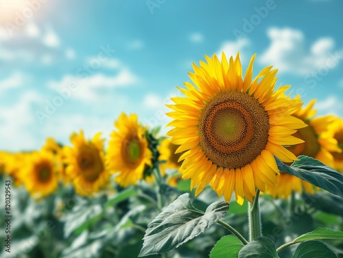A field of sunflowers with a single yellow flower in the foreground. The sunflowers are all facing the same direction  towards the camera