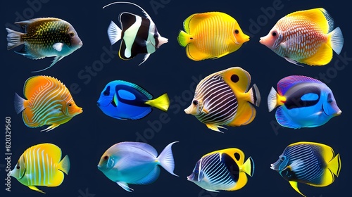 Collection of tropical ocean bright fish isolated on background, marine life with colorful fishes, aquarium underwater world concept.