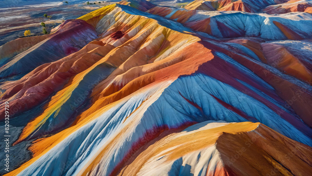 Aerial view on the most colorful section of rainbow mountains 16:9 with copyspace