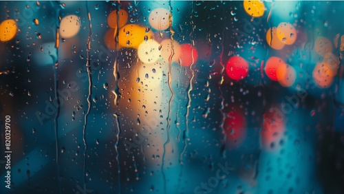 Rain drops on a window with blurry background indicating rainy day. with high resolution photography, copy space for text banner background photo