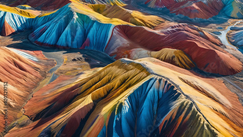 Aerial view on the most colorful section of rainbow mountains 16:9 with copyspace photo