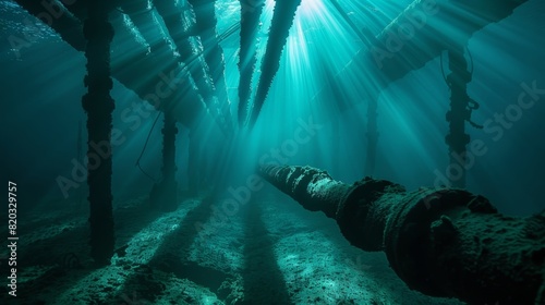 Sunlight filtering through the water illuminating a portion of the subsea pipeline. photo