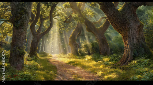 a serene forest path winding through tall, ancient trees with sunlight streaming through the canopy, creating dappled patterns on the leafy ground. Birds can be heard chirping in the backgroun photo