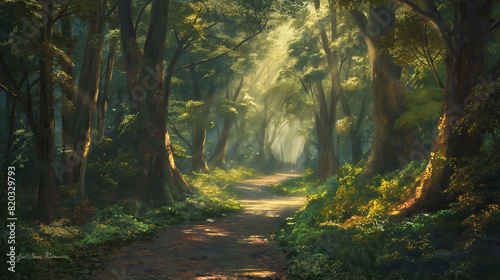 a serene forest path winding through tall  ancient trees with sunlight streaming through the canopy  creating dappled patterns on the leafy ground. Birds can be heard chirping in the backgroun