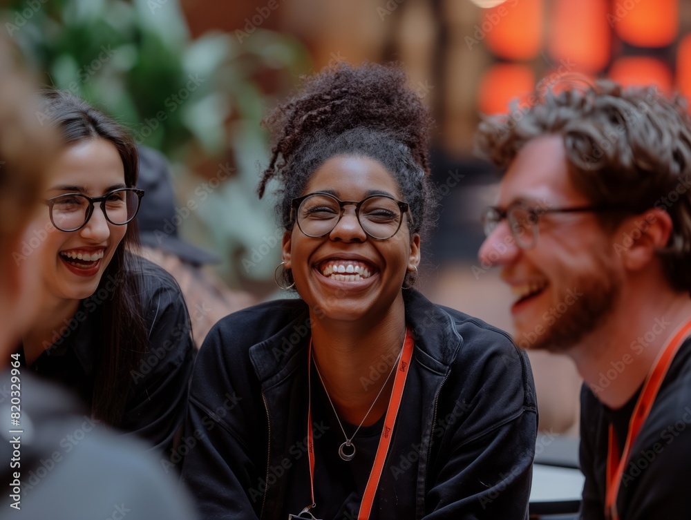 A group of people are smiling and laughing together. The woman in the center is wearing glasses and has a necklace around her neck A group of people are smiling and laughing together. The woman in the center is wearing glasses and has a necklace around her neck