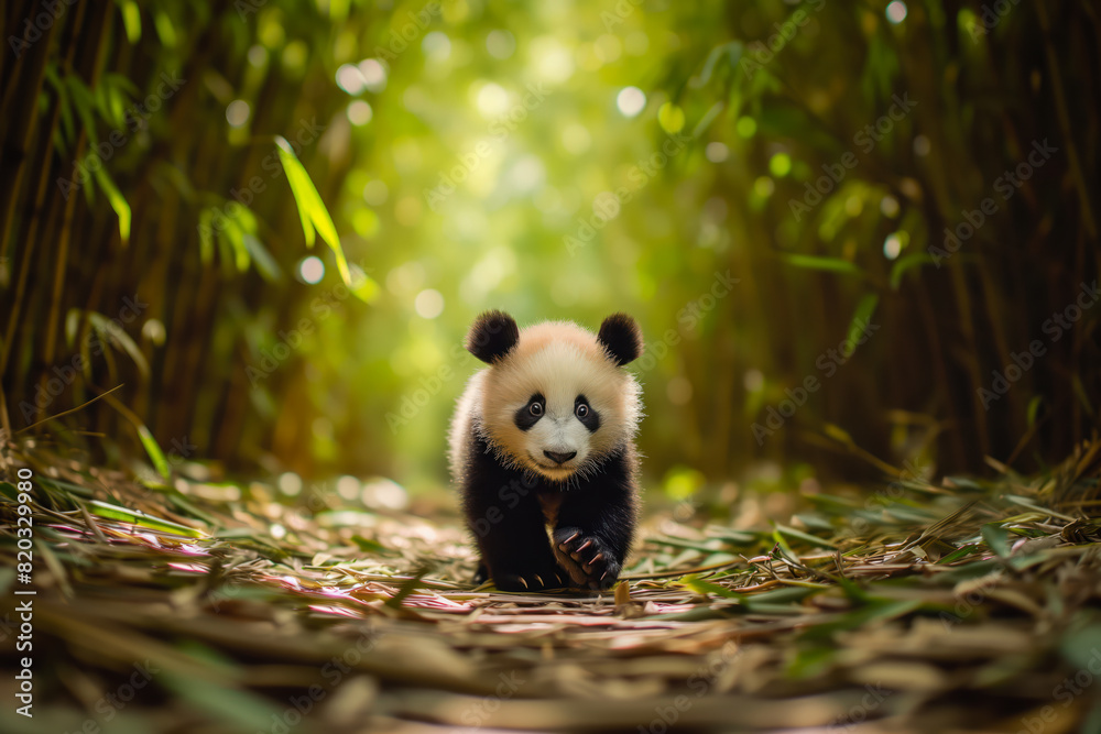 Fototapeta premium Adorable Panda Cub in a Bamboo Grove