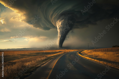 Tornado in a field in the USA with road in field under stormy dark sky photo