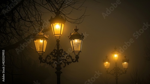 A foggy night adds an eerie element to the old gas lamps making them seem almost haunted.