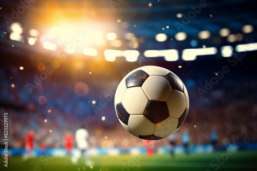 A soccer ball is in the air, surrounded by players on a field