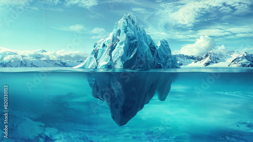 Para una imagen para vender en un portal de stock titulada ""Iceberg, with part of ice submerged beneath the water's surface on a bright day. Wallpaper featuring snowy mountains in the background and  © Domingo