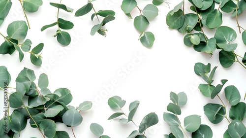 Eucalyptus green leaves frame. Herbal foliage border decoration on a white background. Top view in copy space with a place for text. For invitations  weddings  greeting cards. 