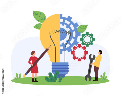 Teamwork for business project improvement, creative innovation idea. Tiny people with pencil and technical support tools work on machines gears inside big light bulb cartoon vector illustration