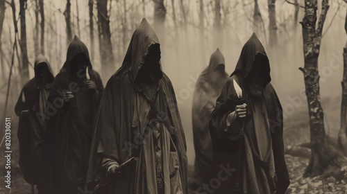 vintage photography in sepia tone of a procession of faceless dead or spirits with black tunics, marching through the mist of a dark forest with trees in the background