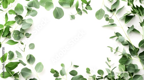 Eucalyptus green leaves frame. Herbal foliage border decoration on a white background. Top view in copy space with a place for text. For invitations, weddings, greeting cards. 