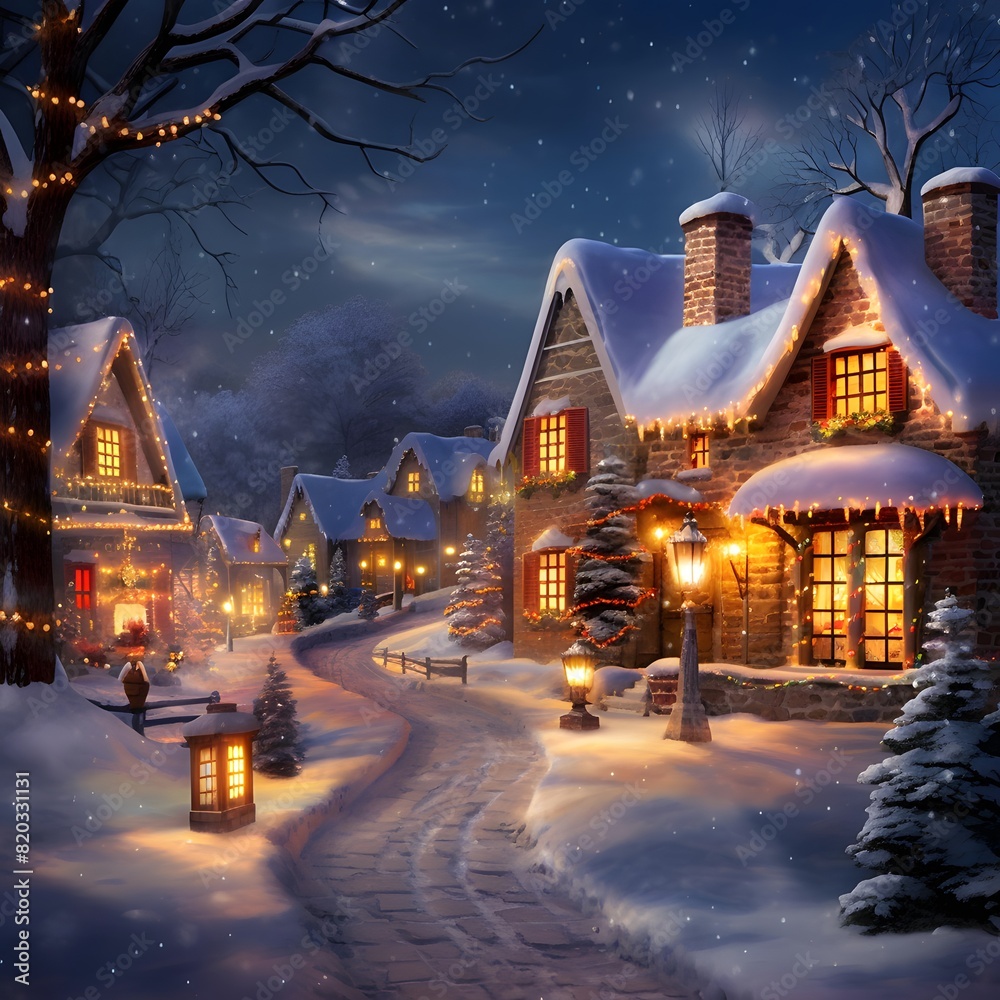 Winter night in the village. Christmas and New Year background. Digital painting.