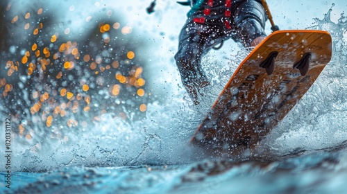 Professional wakeboarder executing stylish high jump with dynamic splash frame over shimmering water photo