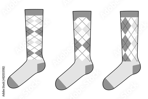 Socks Set with argyle pattern. Fashion hosiery accessory clothing technical illustration stocking. Vector side view for Men, women unisex style, flat template sketch isolated on white background