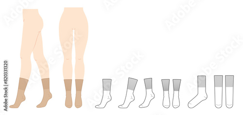 Mid Calf Socks with wide elastic band set on women legs and CAD flat template. Hosiery Fashion accessory clothing technical illustration stocking. Vector front, side view, sketch outline isolated