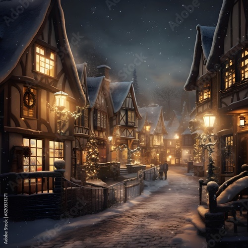 Night winter street with houses in the old town. 3d rendering