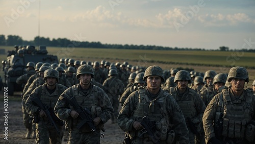 Army with uniformed soldiers wearing military helmets and carrying weapons marching in a column towards war during the day with a plain background and a tank. Troop enlistment and militarization scene