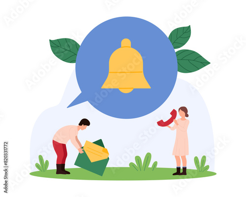 Social media and email notification in mobile app, attention to message delivery, newsletter subscription. Tiny people send mail, yellow bell symbol inside bubble cartoon vector illustration