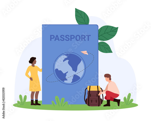 Passport for identity, legal emigration and tourism, security of international travel. Tiny people prepare for trip with backpack and big blue passport with globe on cover cartoon vector illustration
