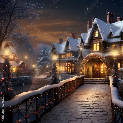 Winter night in the city. Christmas and New Year concept. 3D illustration