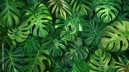 Abstract foliage and botanical background. Green tropical forest wallpaper of monstera leaves  palm leaf  branches in hand drawn pattern. Exotic plants background for banner  prints  decor  wall art.