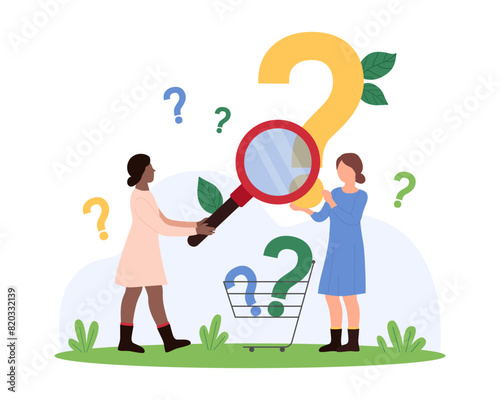 Online search for answer to question, user manual and FAQ, survey. Tiny curious girls look through magnifying glass at question mark, analyze and investigate information cartoon vector illustration