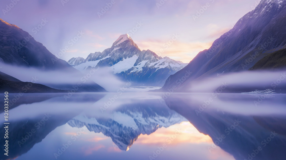 a pristine mountain lake at sunrise, where the calm waters reflect the surrounding snow-capped peaks and the sky's early morning hues. Mist rises gently from the surface, adding an ethereal