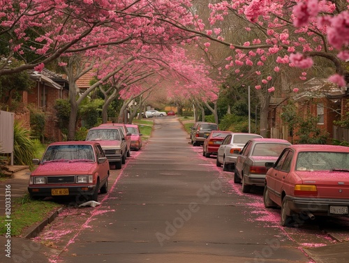 Pink cars parked on a street with pink trees in the background. The scene has a whimsical and playful mood, as the pink cars stand out against the pink trees