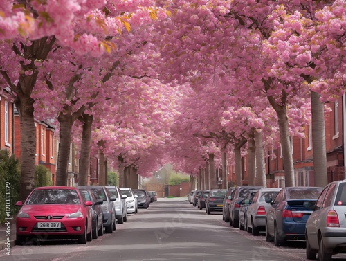 A street with cars parked on both sides and a row of trees with pink blossoms. The street is lined with cars and trees, creating a peaceful and serene atmosphere