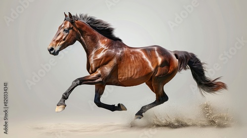 A bay horse in mid-gallop  with its mane and tail flowing in the motion. The background is a neutral  light gray  accentuating the horse s powerful muscles and the energy of its movement. 