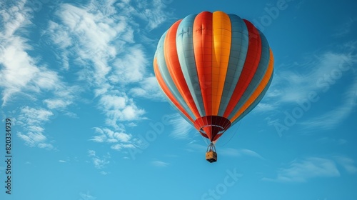 Vibrant hot air balloon floating in a clear blue sky with fluffy white clouds. photo