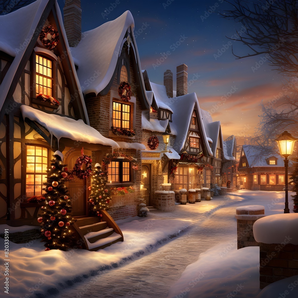 Winter night in the village. Christmas and New Year. 3D rendering
