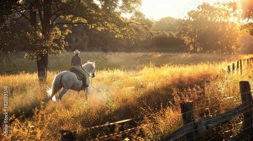 A person riding a white horse through a sunlit field during golden hour with a serene backdrop of trees and a fence. realistic hyperrealistic  photo