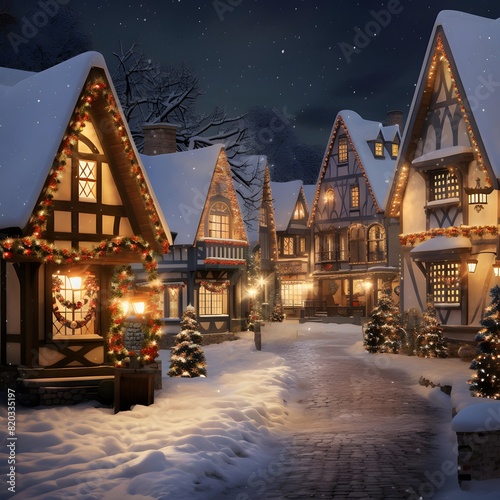 Winter night in the village. Christmas and New Year holidays concept.