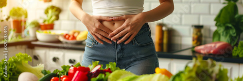 Image of a woman rubbing her stomach with lots of vegetables. photo