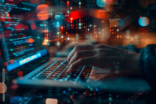 Digital technology software development concept. Coding programmer working on laptop with circuit board and javascript on virtual screen © Lucas