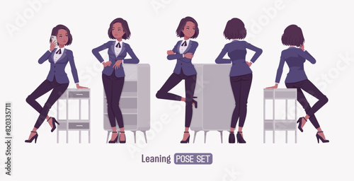 Elegant dark brunette business woman set, stand lean pose. Classic slim fit jacket suit blazer, black continental necktie, white formal blouse chic office look, professional image. Vector illustration