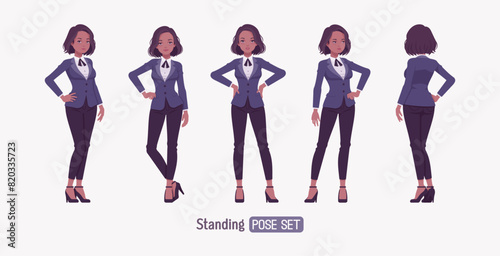 Elegant dark brunette business woman set, standing pose. Classic slim fit jacket suit blazer, black continental necktie, white formal blouse chic office look, professional image. Vector illustration