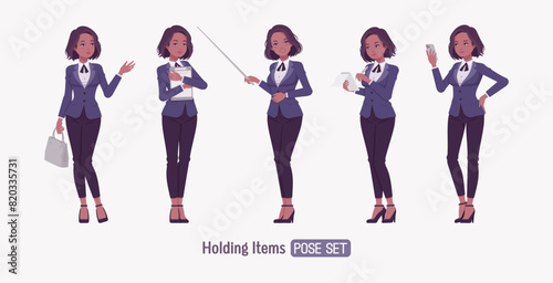 Elegant dark brunette business woman set, holding pose. Classic slim fit jacket suit blazer, black continental necktie, white formal blouse chic office look, professional image. Vector illustration