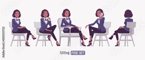 Elegant dark brunette business woman set, chair sit pose. Classic slim fit jacket suit blazer, black continental necktie, white formal blouse chic office look, professional image. Vector illustration