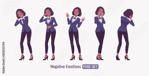 Elegant dark brunette business woman set, negative anger. Classic slim fit jacket suit blazer, black continental necktie, white formal blouse chic office look, professional image. Vector illustration