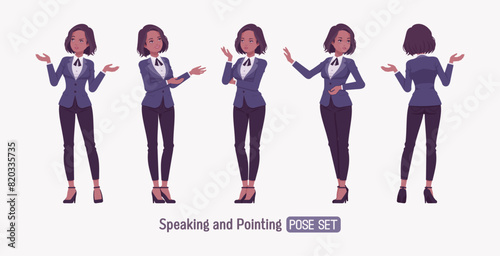 Elegant dark brunette business woman set, speaking pose. Classic slim fit jacket suit blazer, black continental necktie, white formal blouse chic office look, professional image. Vector illustration © andrew_rybalko