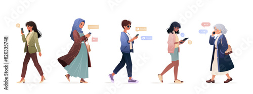Diverse woman of different ages and ethnicities using smartphone  surfing internet  chatting. Female characters  young adults and elderly woman holding gadget. isolates vector illustrations on white.