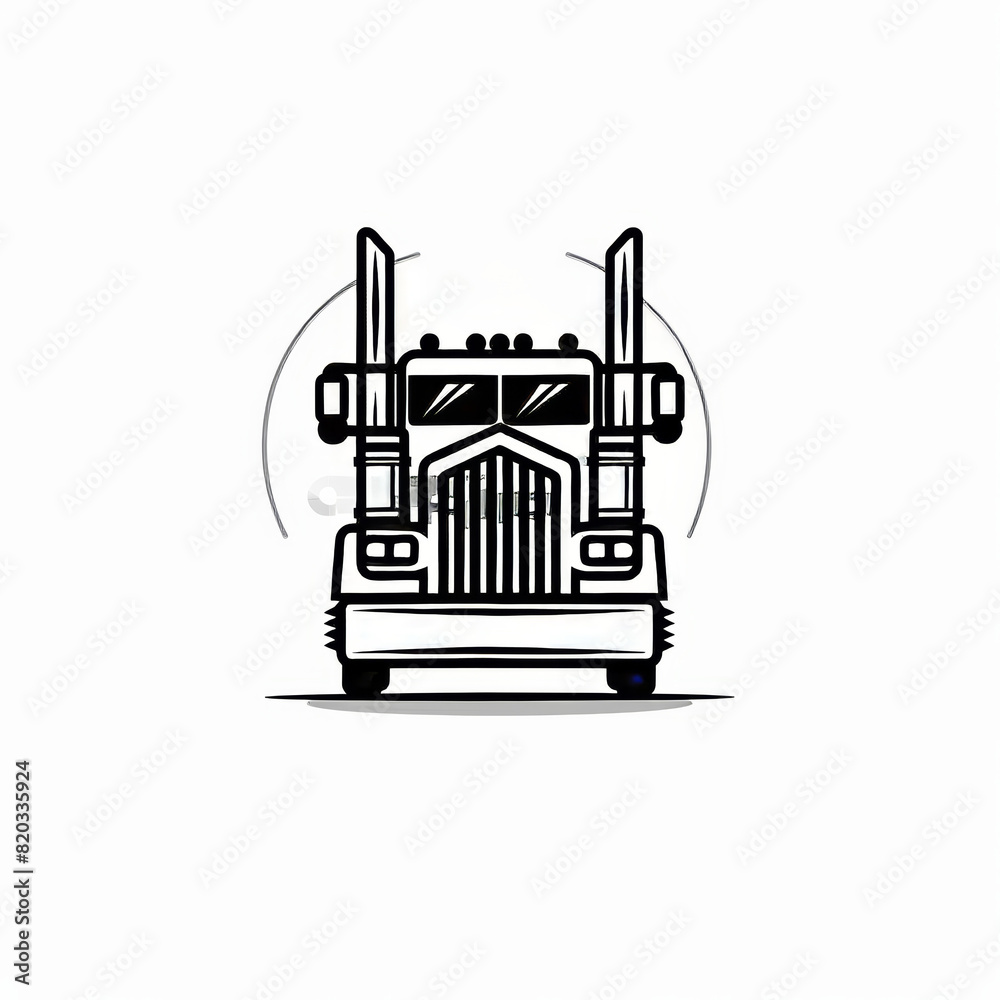 Minimalist illustration of a semi-truck in black and white with a sun icon.
