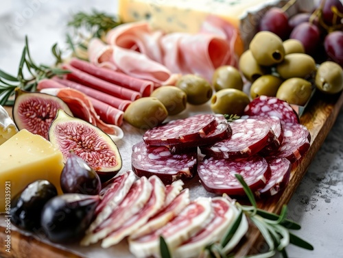 An appetizing charcuterie platter with a variety of meats, cheeses, olives, and figs, beautifully arranged.